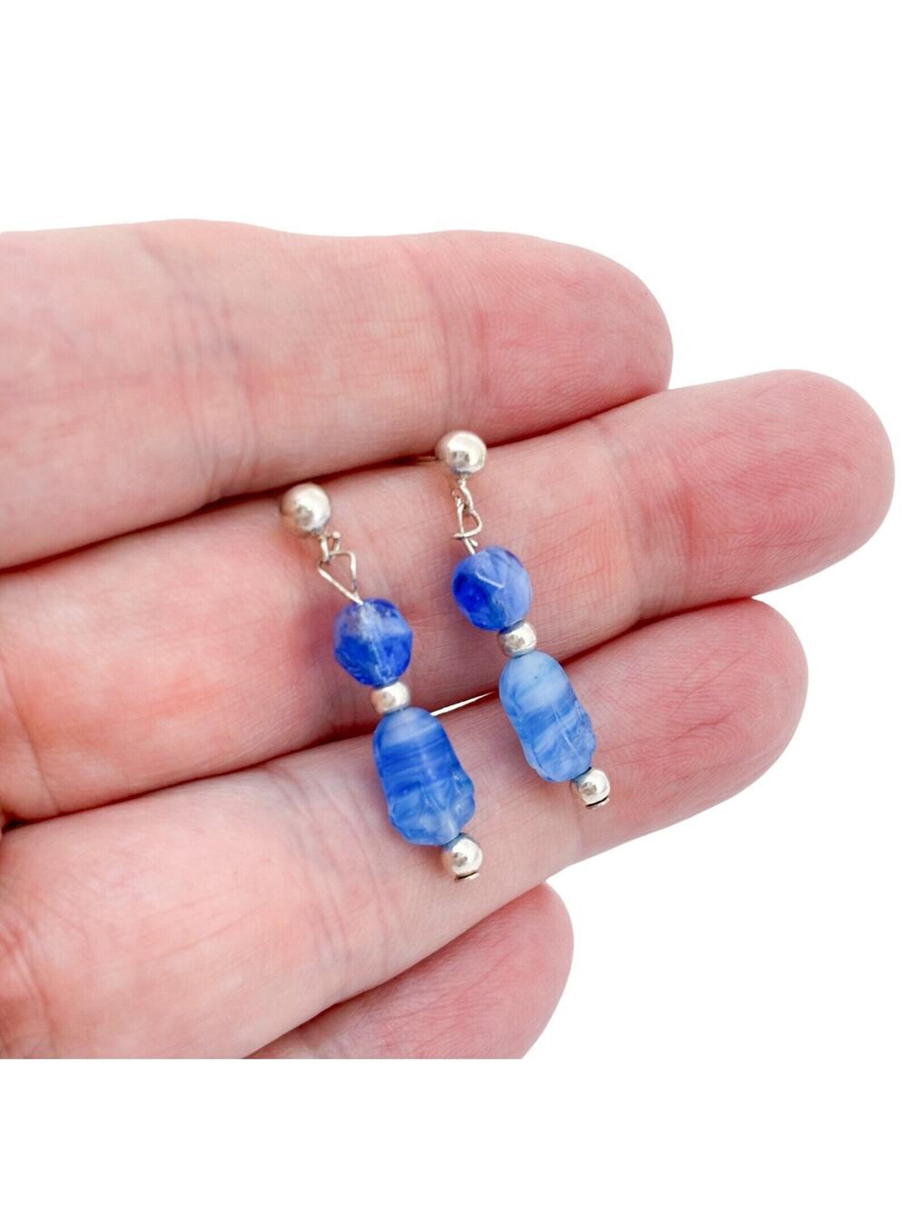 Vintage Sterling Silver 925 Blue Glass Bead Drop Earrings